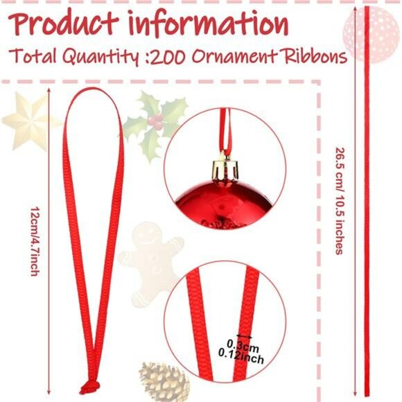 200 Pcs Red Ribbon Hangers Christmas Ornament String Tree Loop Craft Decoration - Picture 3 of 8